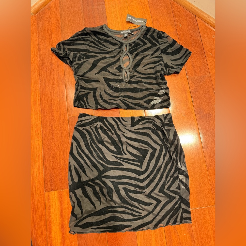 Black and Gray Zebra Print Crop Top and Skirt Set